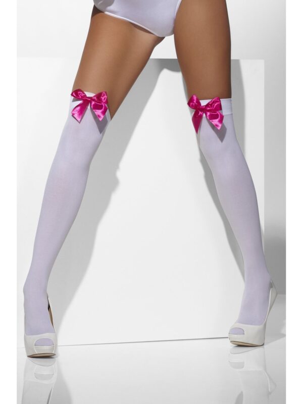 white opaque hold ups fuchsia pink bows ladies hosiery legs sunbury costumes