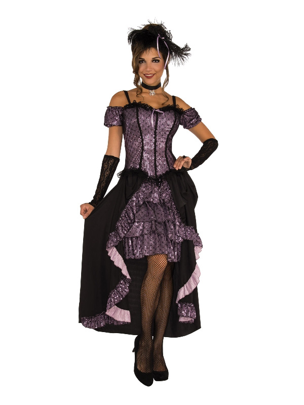 saloon cabaret western ladies dress costume ruffles purple black dress costume sunbury costumes