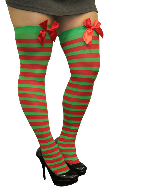 christmas elf opaque hold ups hosiery red green stripes sunbury costumes